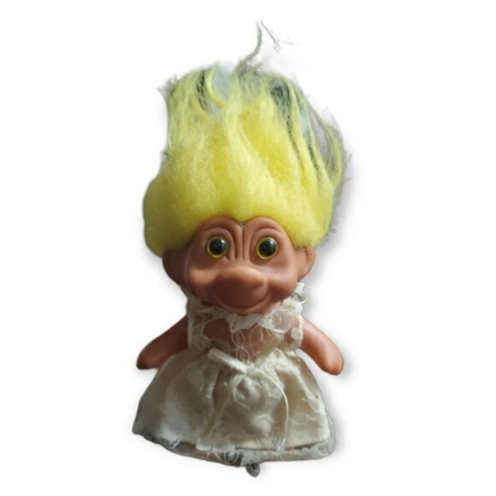 4" 1991 TNT Troll Doll Yellow Hair Yellow‎ Eyes  Lace Dress Vintage